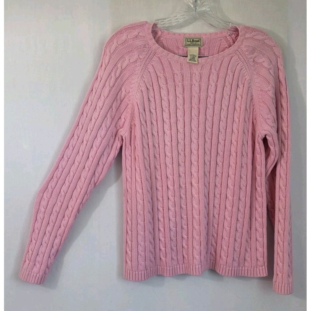 LL Bean Sweater Womens L Pink Cable Knit Long Sleeve Crewneck Cotton Top